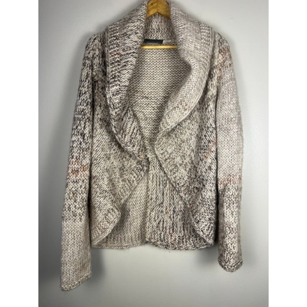 Elsamanda Italy Alpaca Wool Mohair Chunky Knit Shawl Cardigan Tan Cream Small